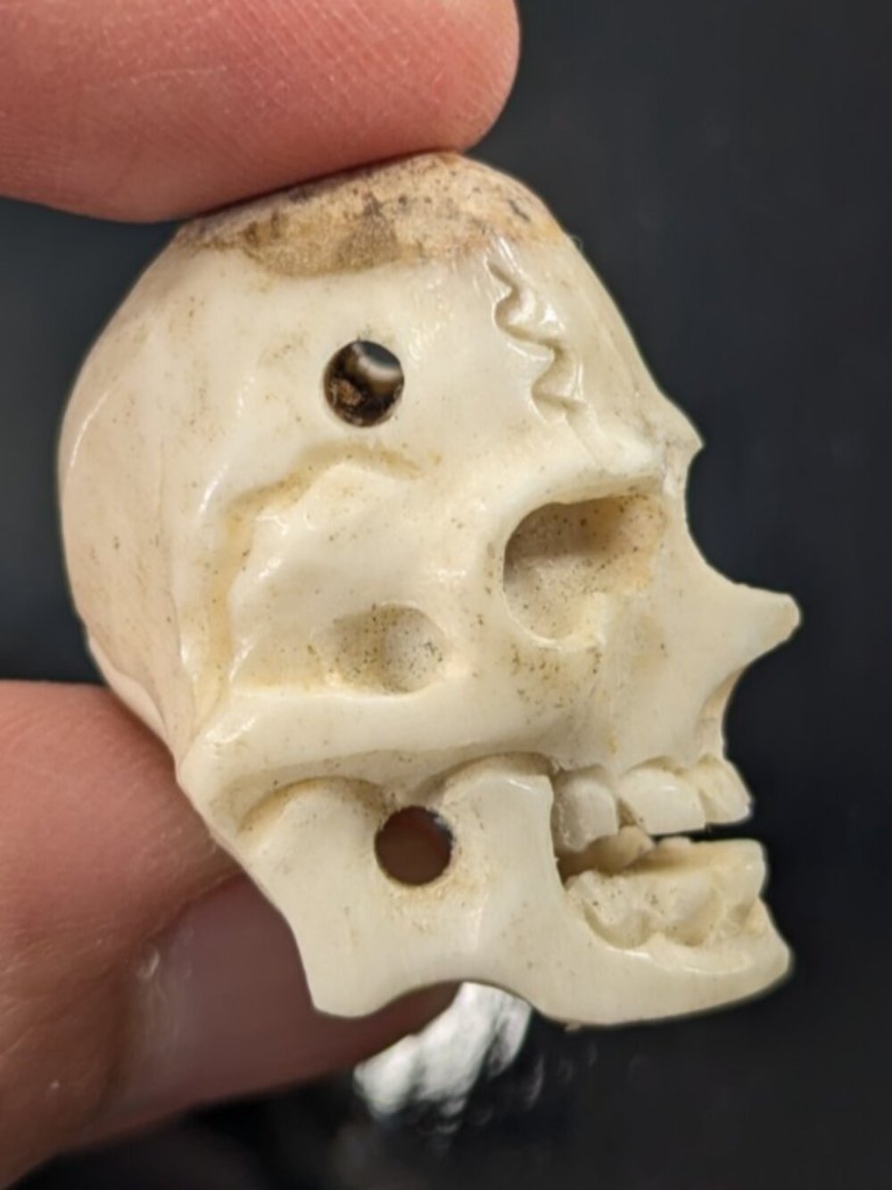 Vintage Memento Mori Deer Antler Carved Skull pendant, human skull bead